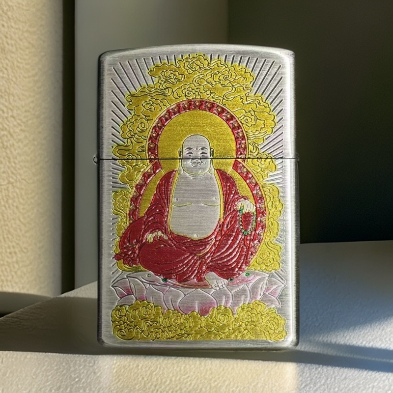 ZORRO佐罗煤油打火机男士二代银拉丝弥勒佛佛定位珠机芯精雕创意