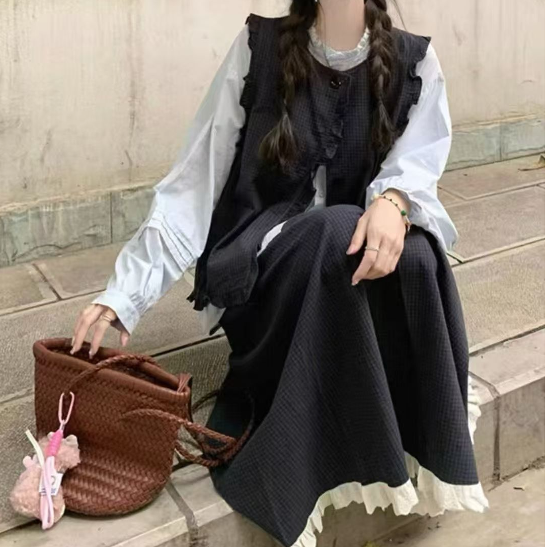 婷婷家女装2025秋季木耳边百搭衬衫+荷叶边马甲+半身裙时尚套装