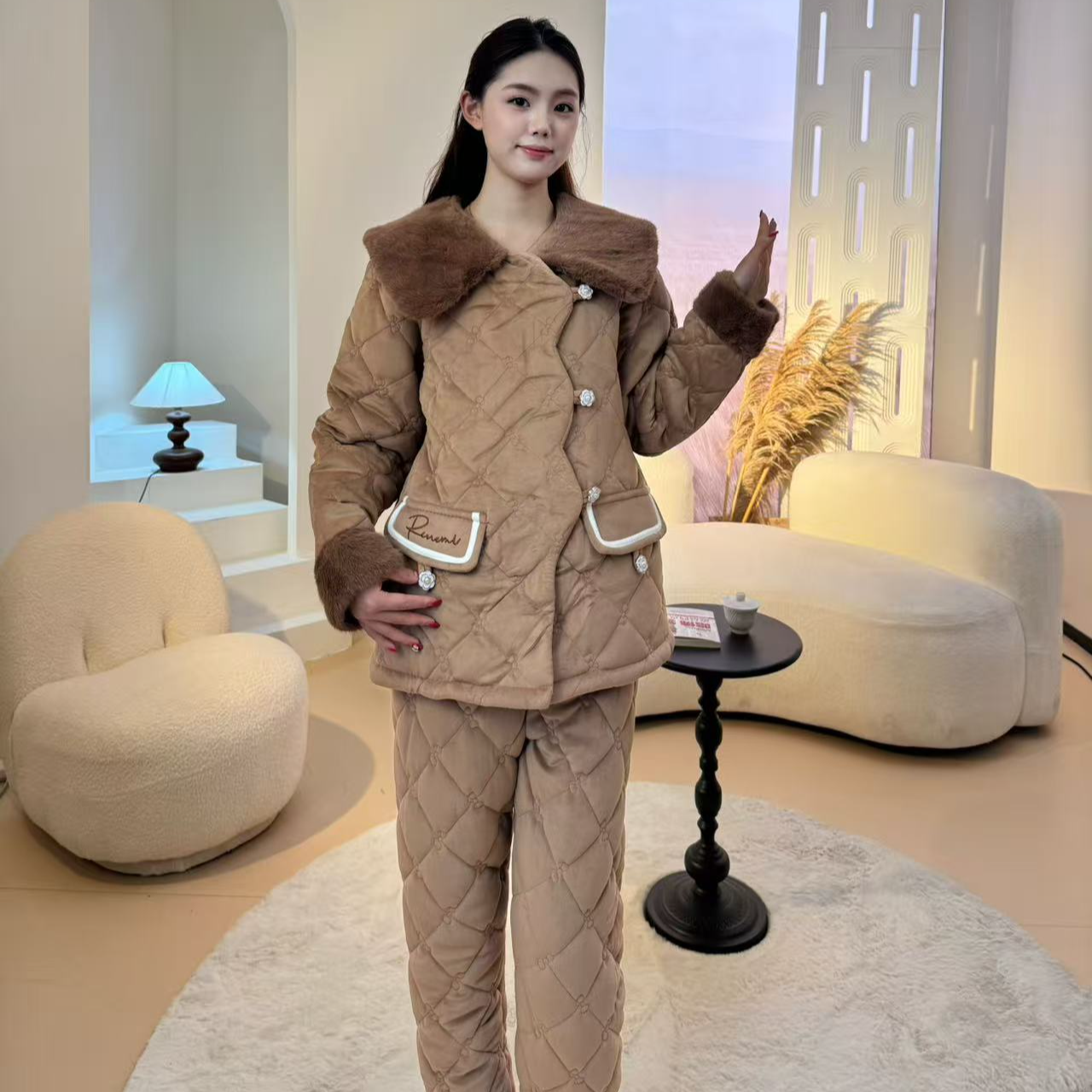 MH014设计师款甜美睡衣女款冬季加绒家居服套装