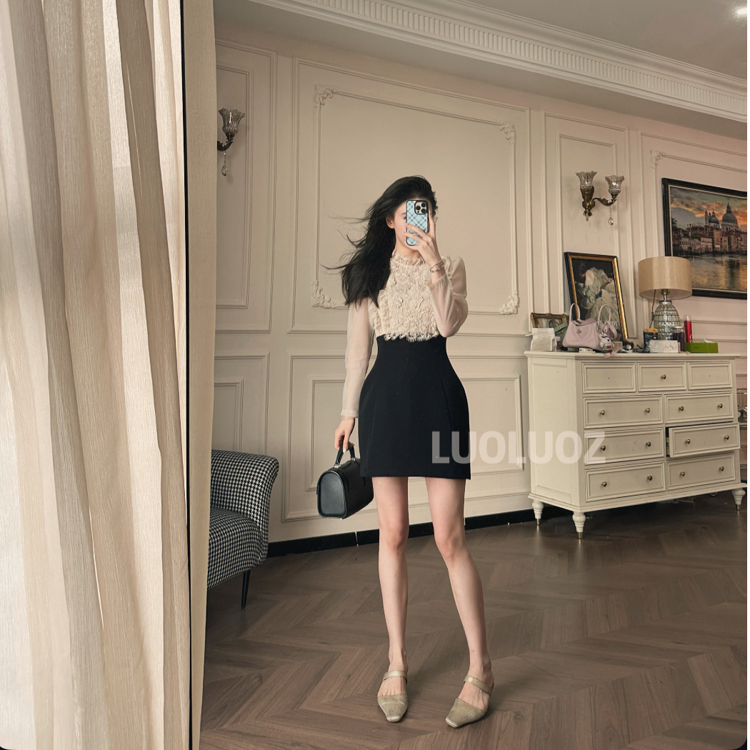 【现货】LUOLUOZ【露丝花语】气质撞色轻奢秋季收腰短款连衣裙JF1001