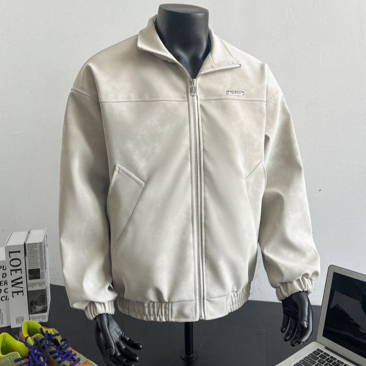 唐团美拉德水洗皮衣夹克男女款春季美式复古机车立领百搭宽松韩版