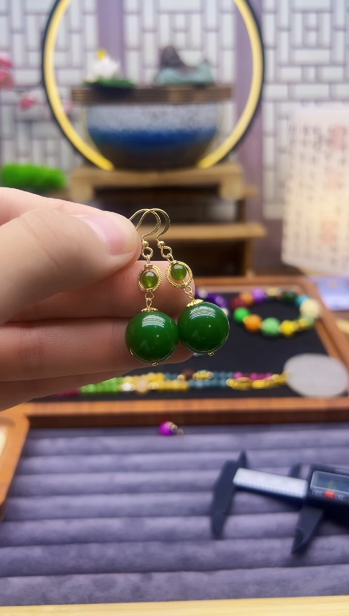 和田玉14K金镶嵌耳饰E434