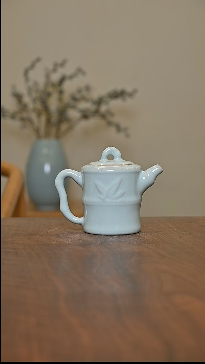 天青釉 竹节壶 支钉 朱家款