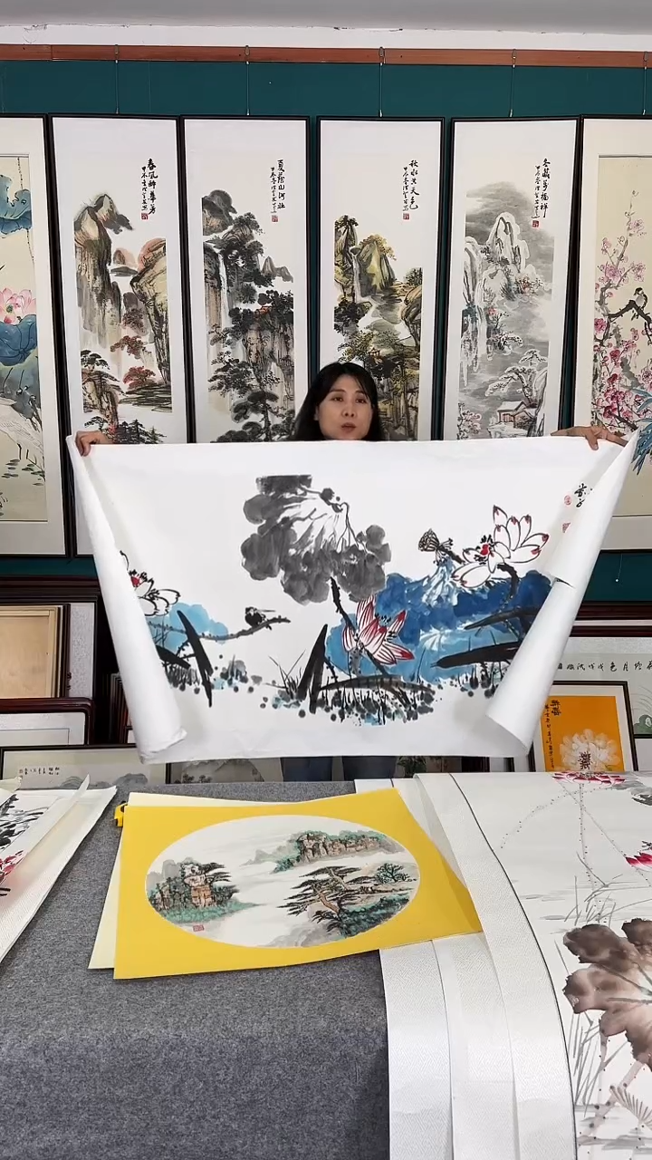 国画荷花画芯托底70*140