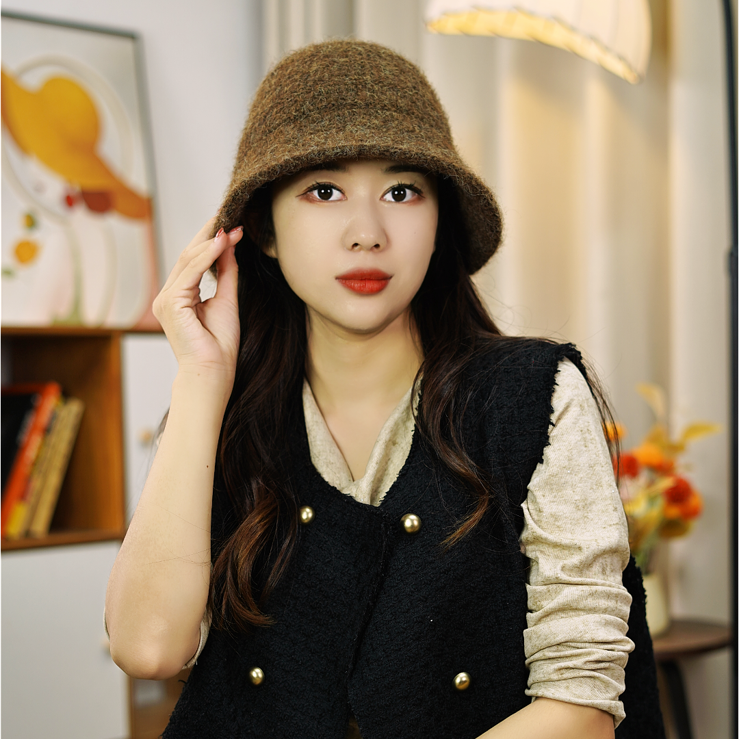 秋冬后开叉羊毛帽子女百搭休闲渔夫帽时尚显脸小韩版显脸小水桶帽