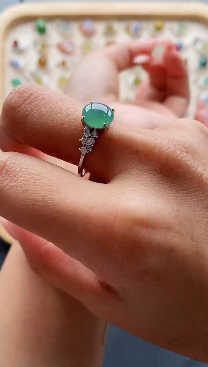 【闪购商品】翡翠戒指银S925镶嵌缅甸天然A货翡翠111 2+3