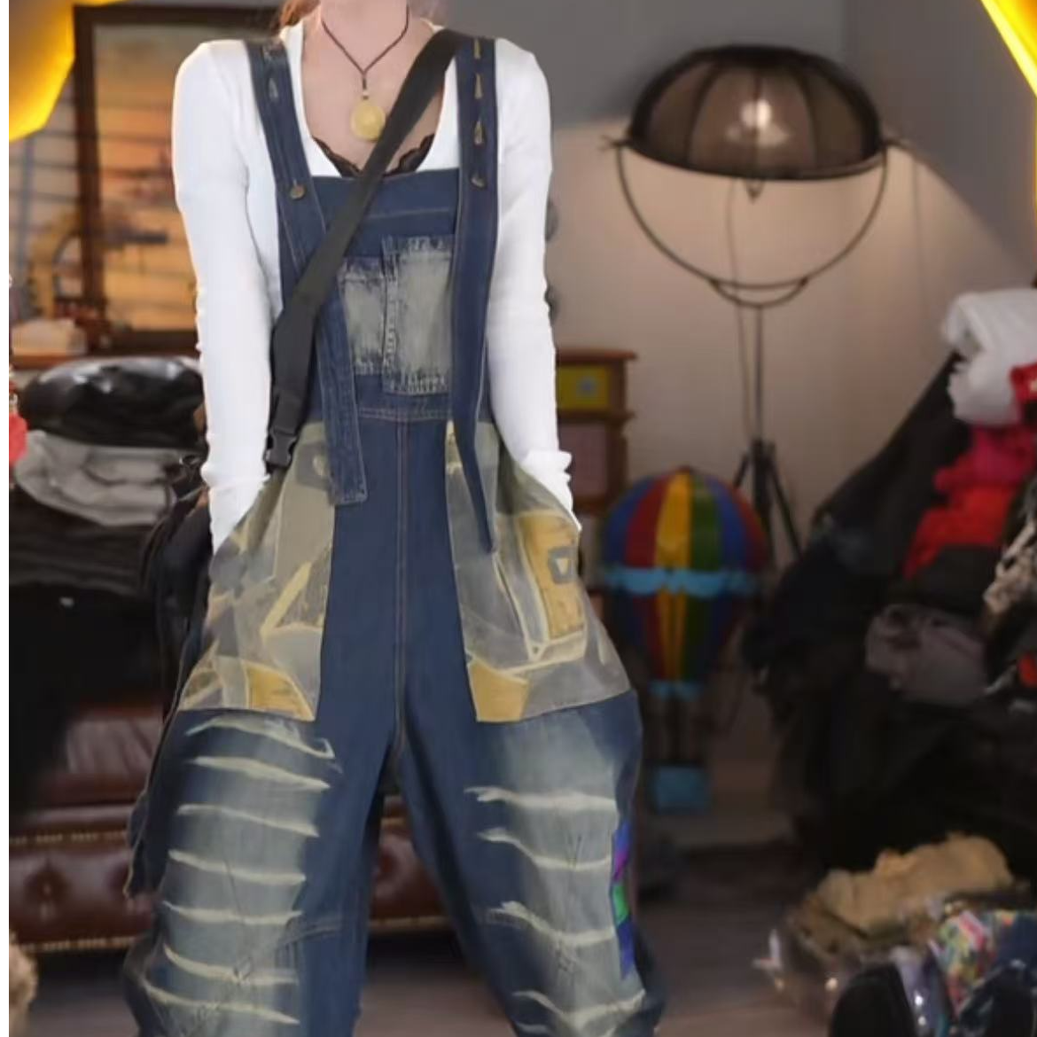 95331#拼接牛仔背带裤