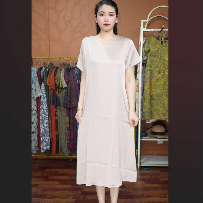 【福利纯色米】妈妈装宽松连衣裙高档中年女装夏季优雅气质长裙