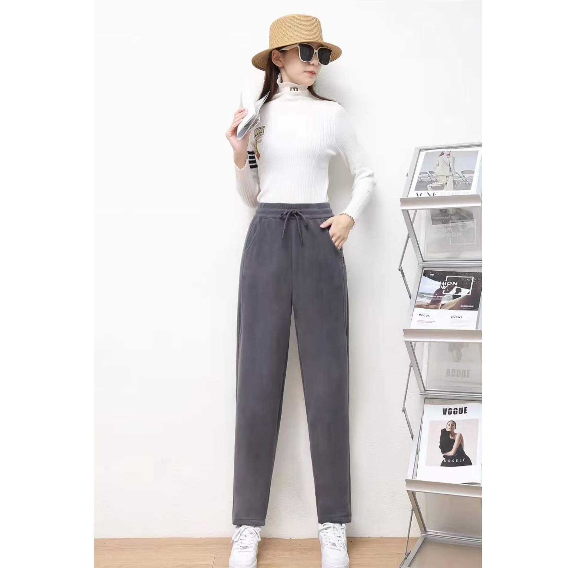 9135-女士双面复合摇粒绒（特厚）（深灰）防风裤