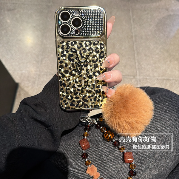 适用苹果华为荣耀oppo小米vivo手机壳金色豹纹杨树林防摔毛球手链