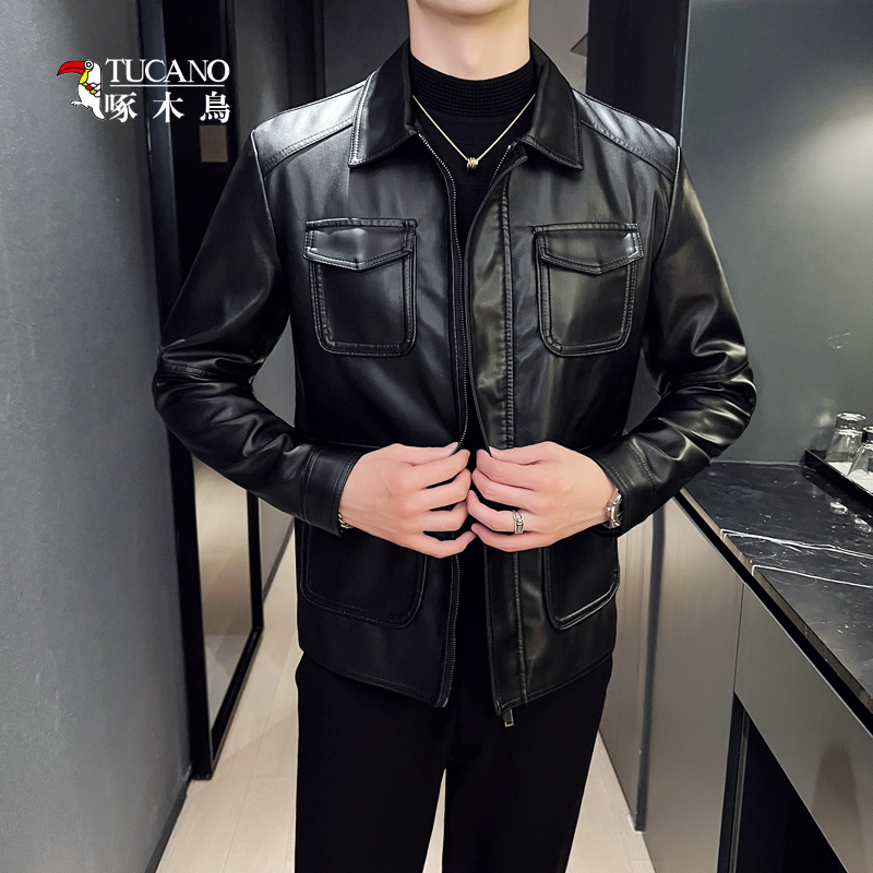 啄木鸟男士春秋软皮皮衣男时尚休闲立领修身韩版皮夹克外套6602