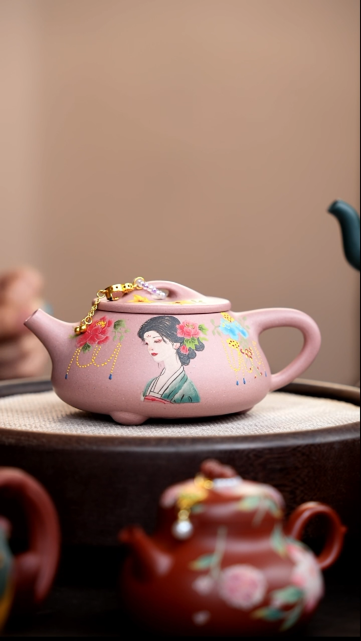 茶壶紫砂粉色景舟石瓢泥绘花仙子