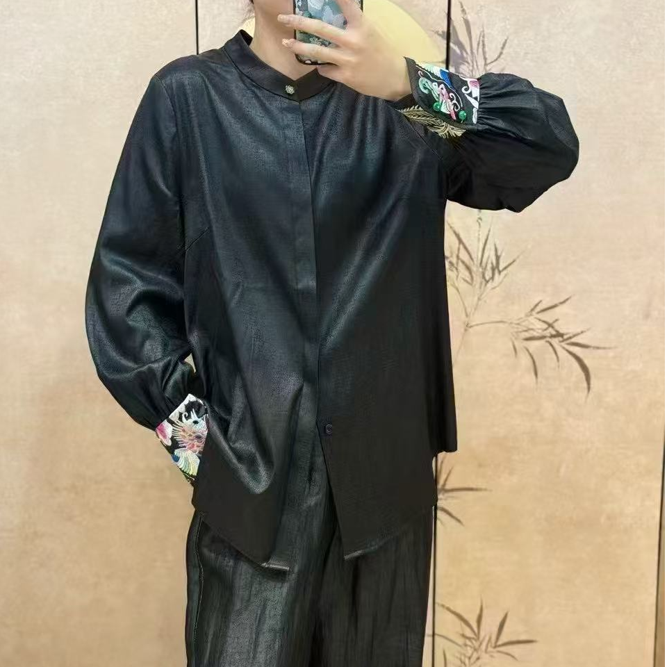 香云纱提花锻小立领苗绣长袖上衣衬衫