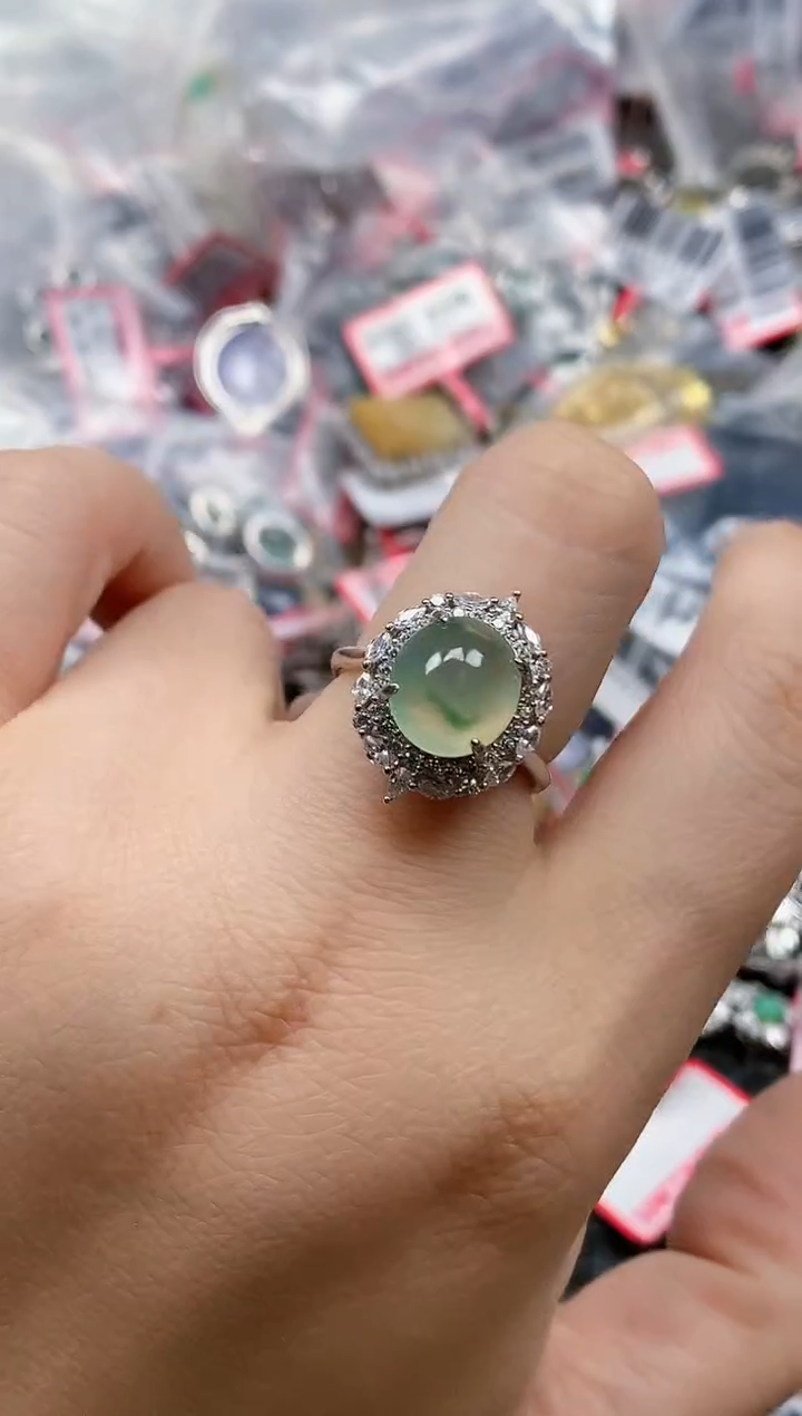 银S925镶嵌戒指翡翠天然A货缅甸翡翠
