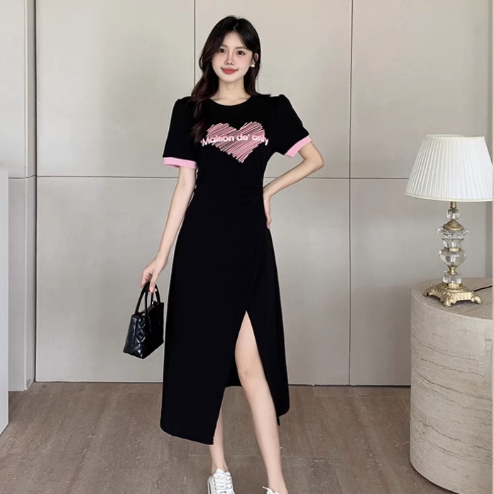 【现货】大码连衣裙新款女夏开叉收腰裙子微胖mm遮肚显瘦a字裙1542