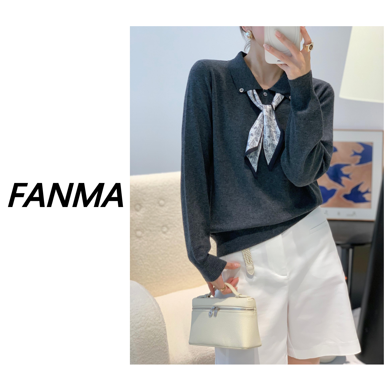 #丝巾polo# 设计感含羊毛polo针织衫 女士百搭气质上衣 F208-2520