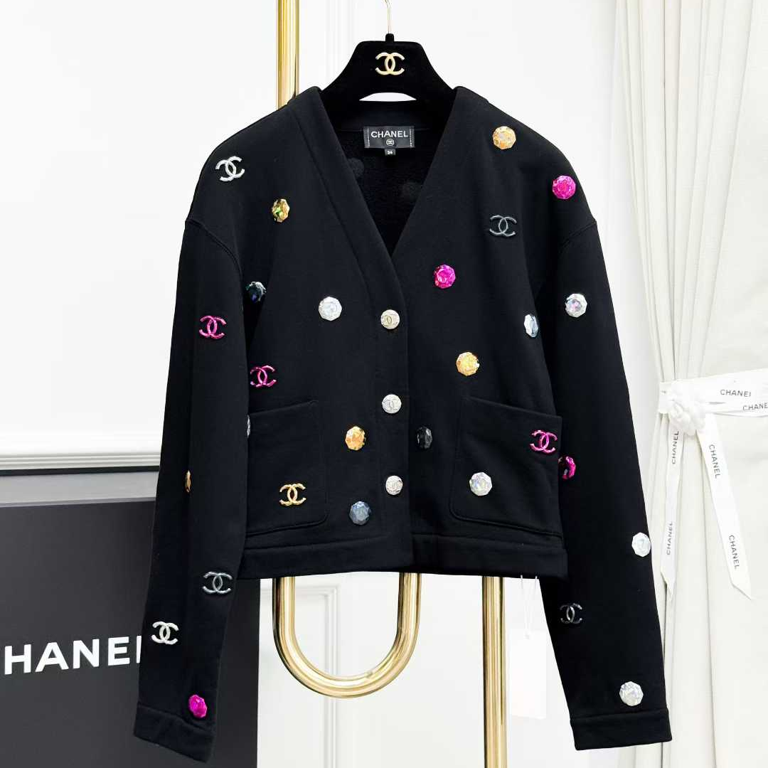 99新 Chanel/香奈儿 34码21K黑色拼彩色双C宝石短款开衫