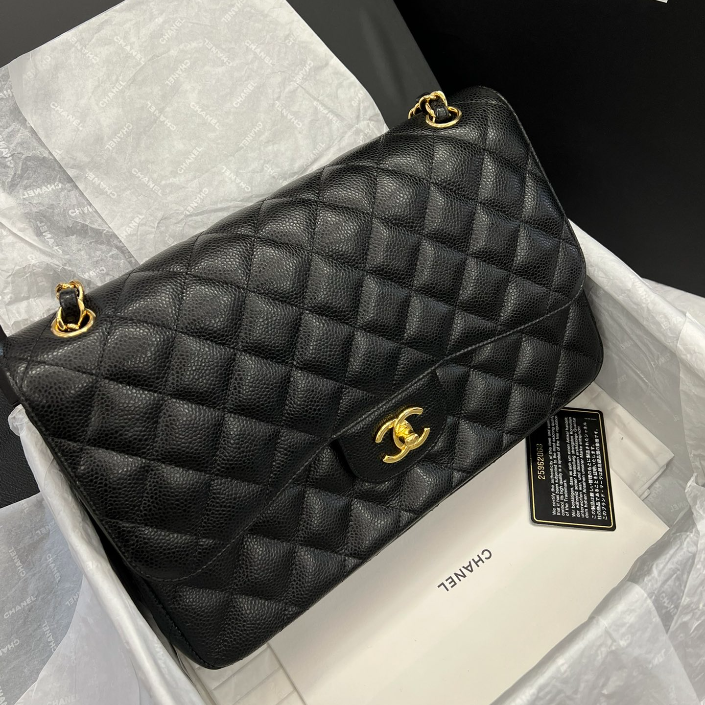 95新 Chanel/香奈儿 cf大号jumbo黑金荔枝皮25开底长30/159752