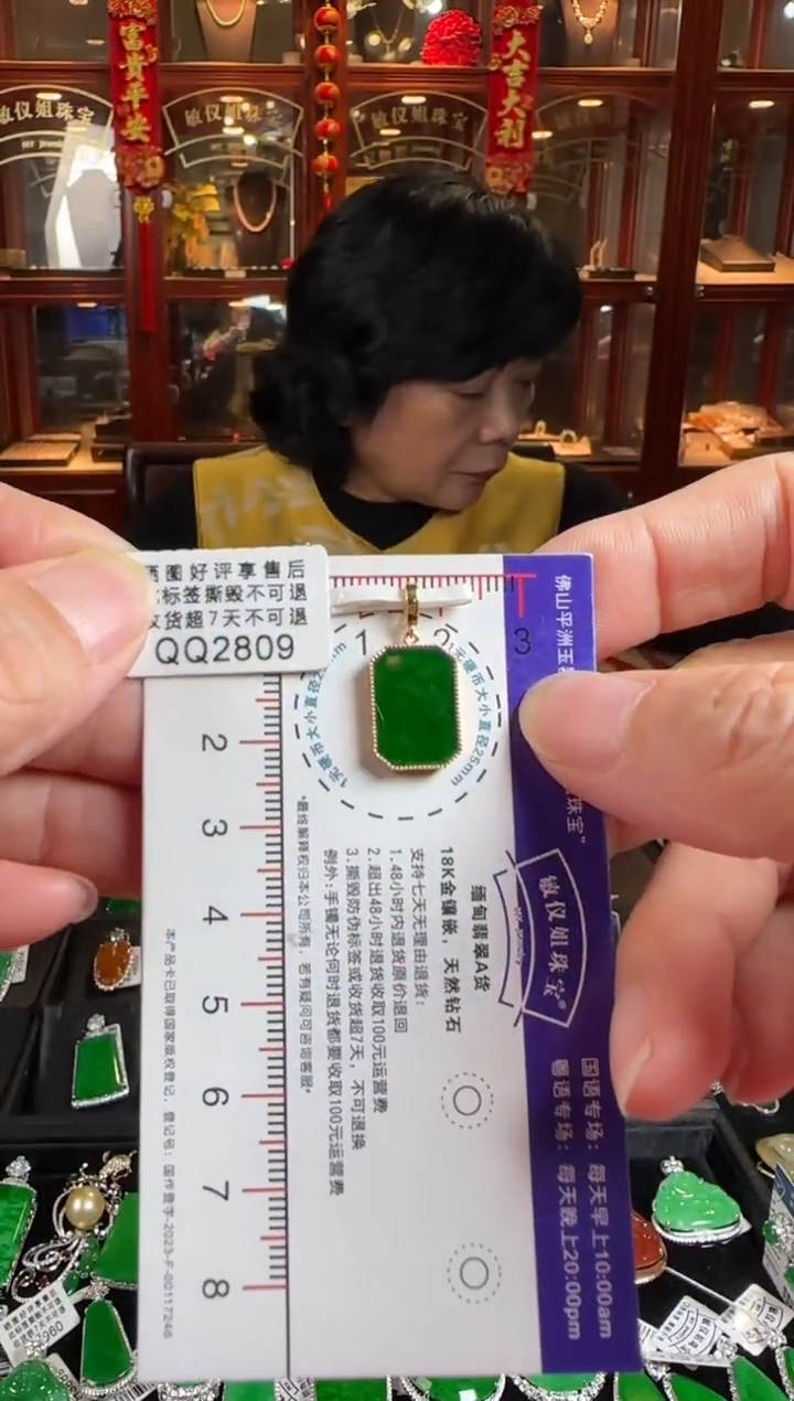 颈饰18K金镶嵌翡翠QQ2809 辣绿无事牌