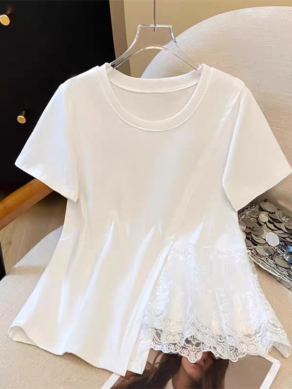 55850新款时尚下摆拼接蕾丝短袖T恤