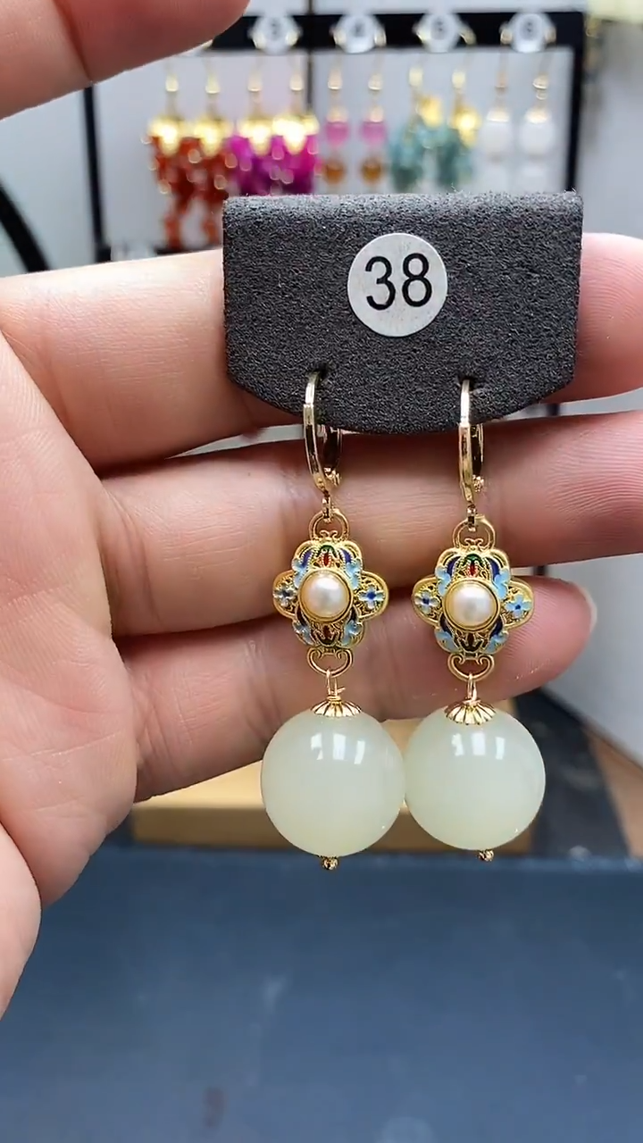 银S925镀金镶嵌和田玉耳饰尺寸16mm耳扣A2