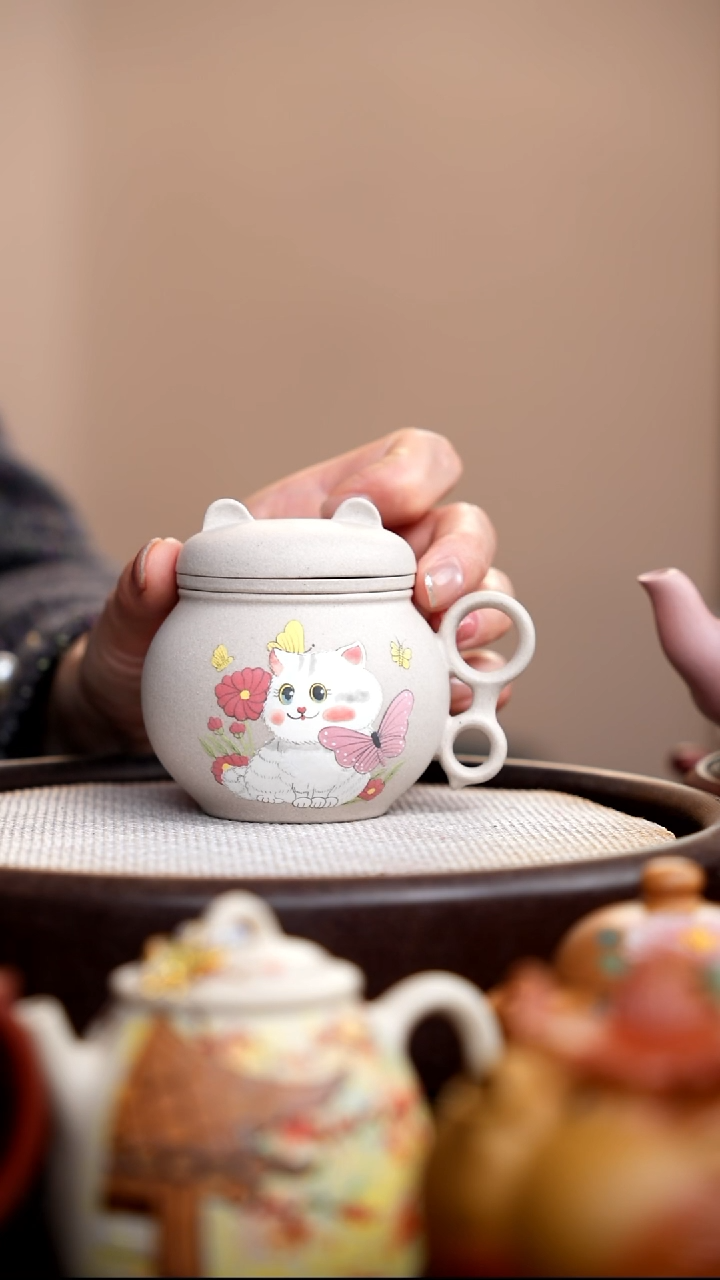 茶壶紫砂白玉段盖杯白猫
