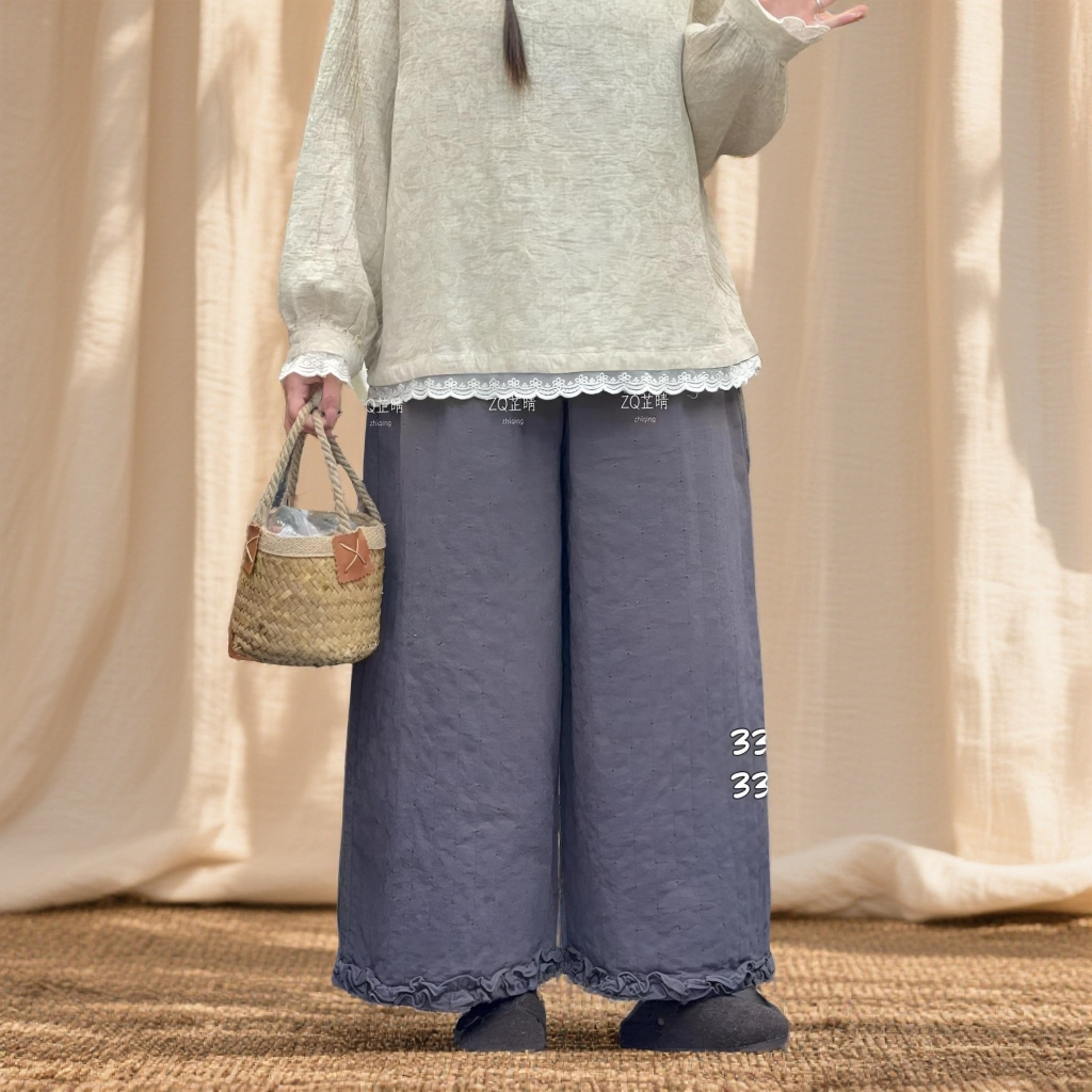 休闲百搭下摆木耳边夹棉裤子 3389#