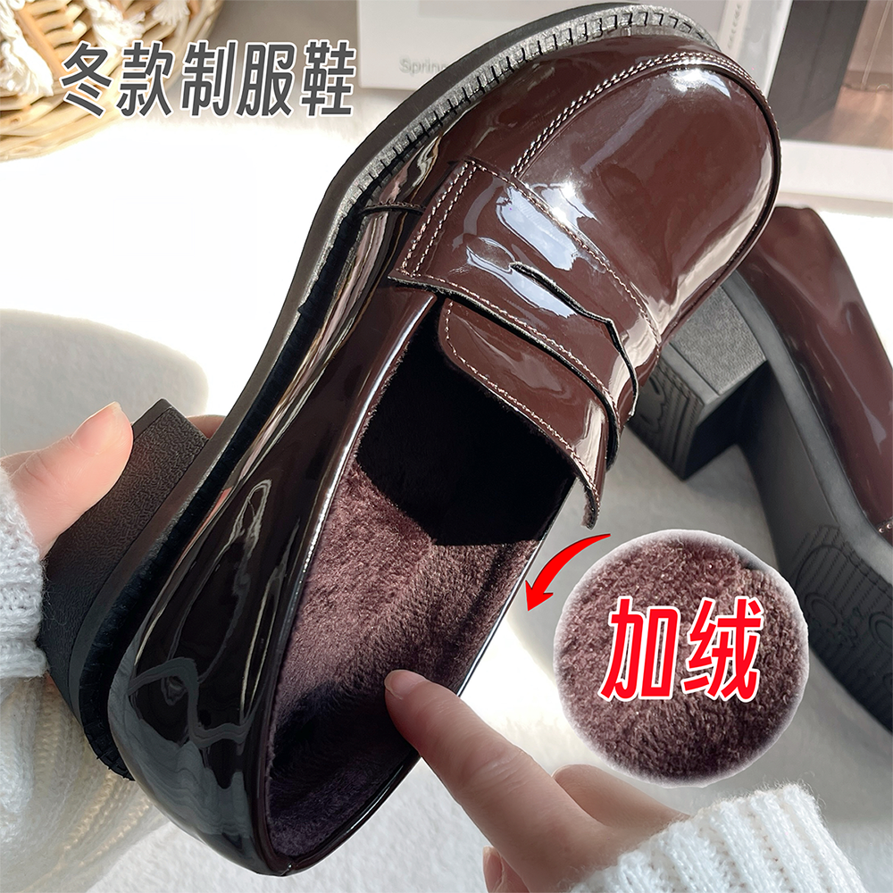 榛果小熊原创冬款JK制服学院鞋方头鞋中低跟加绒日系中口单鞋