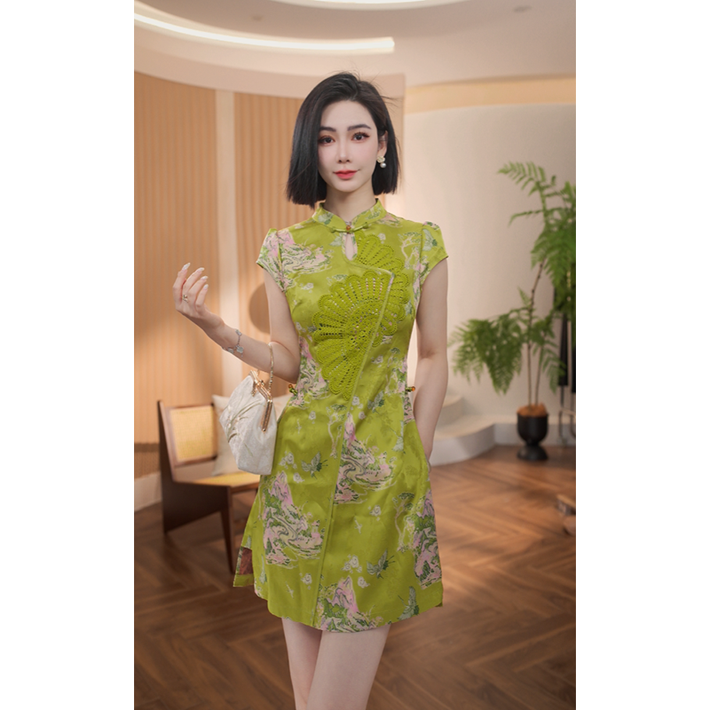 格娜【春岫】夏季新款新中式套装绿色清新气质薄款修身显白短裤套装