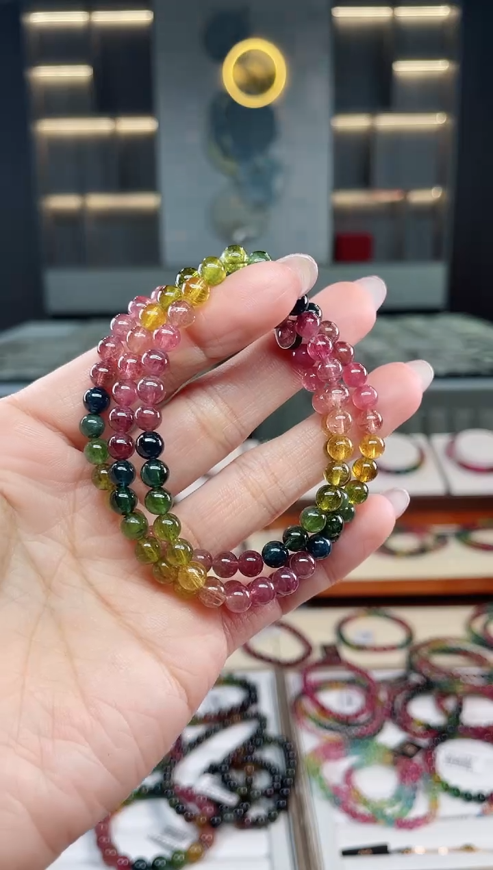 未镶嵌老矿碧玺彩虹三圈手串5mm+碧玺碧玺多样性发一条T