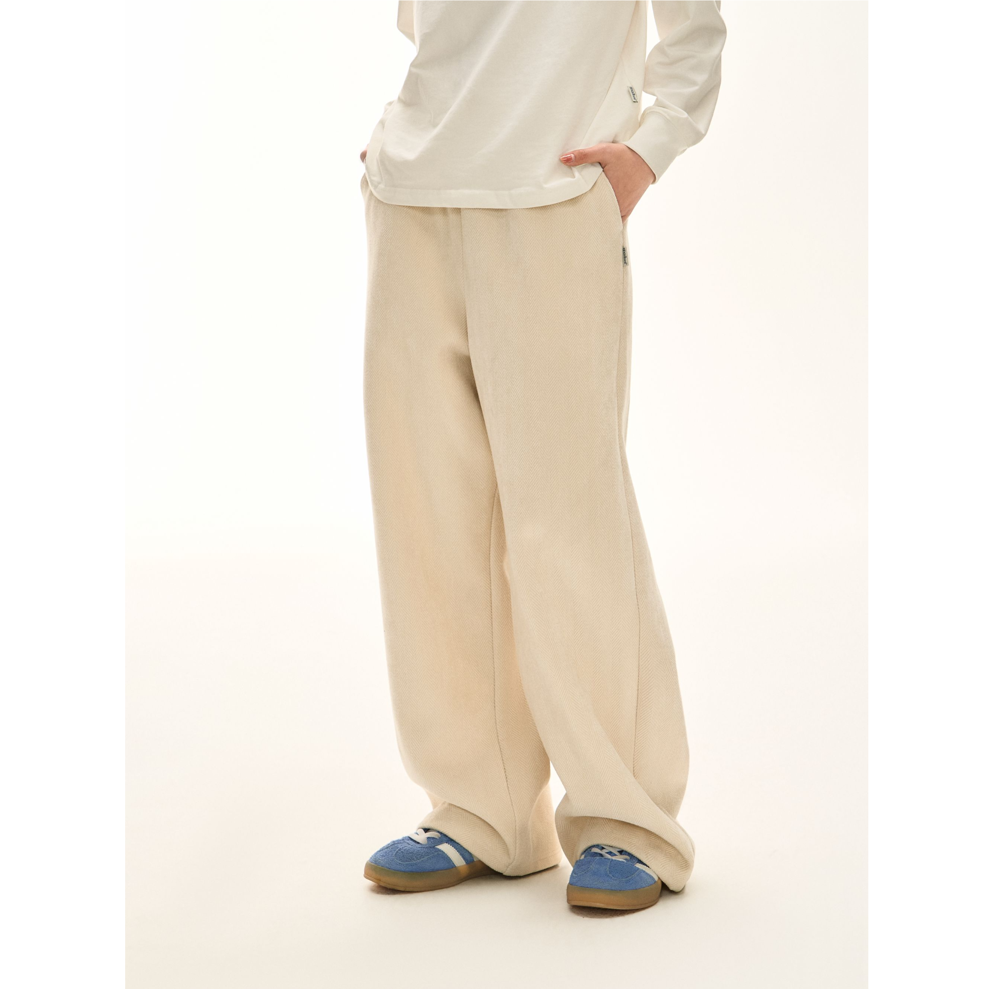 F426国潮牌情侣冬季宽松人字纹加厚加绒毛绒长裤男女休闲裤6768