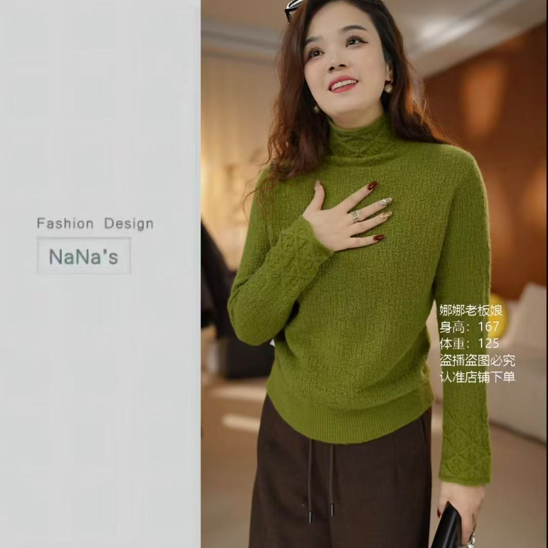 NaNa's韩版半高领镂空钩花羊毛针织衫秋冬新款肌理感软糯毛衣3820