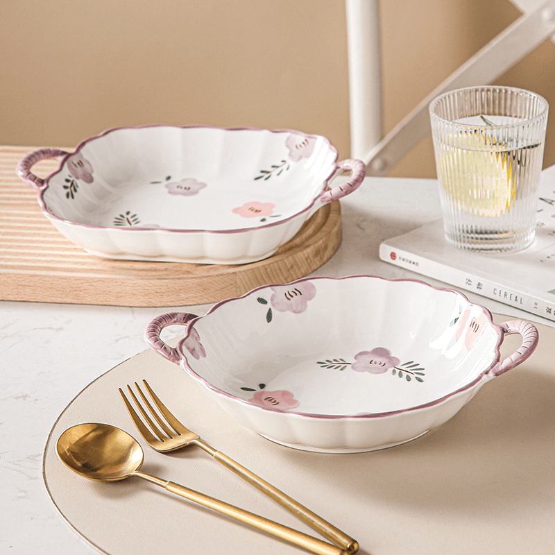 紫萱花家用陶瓷餐具双耳圆盘双耳方盘组合装创意网红少女心烤碗