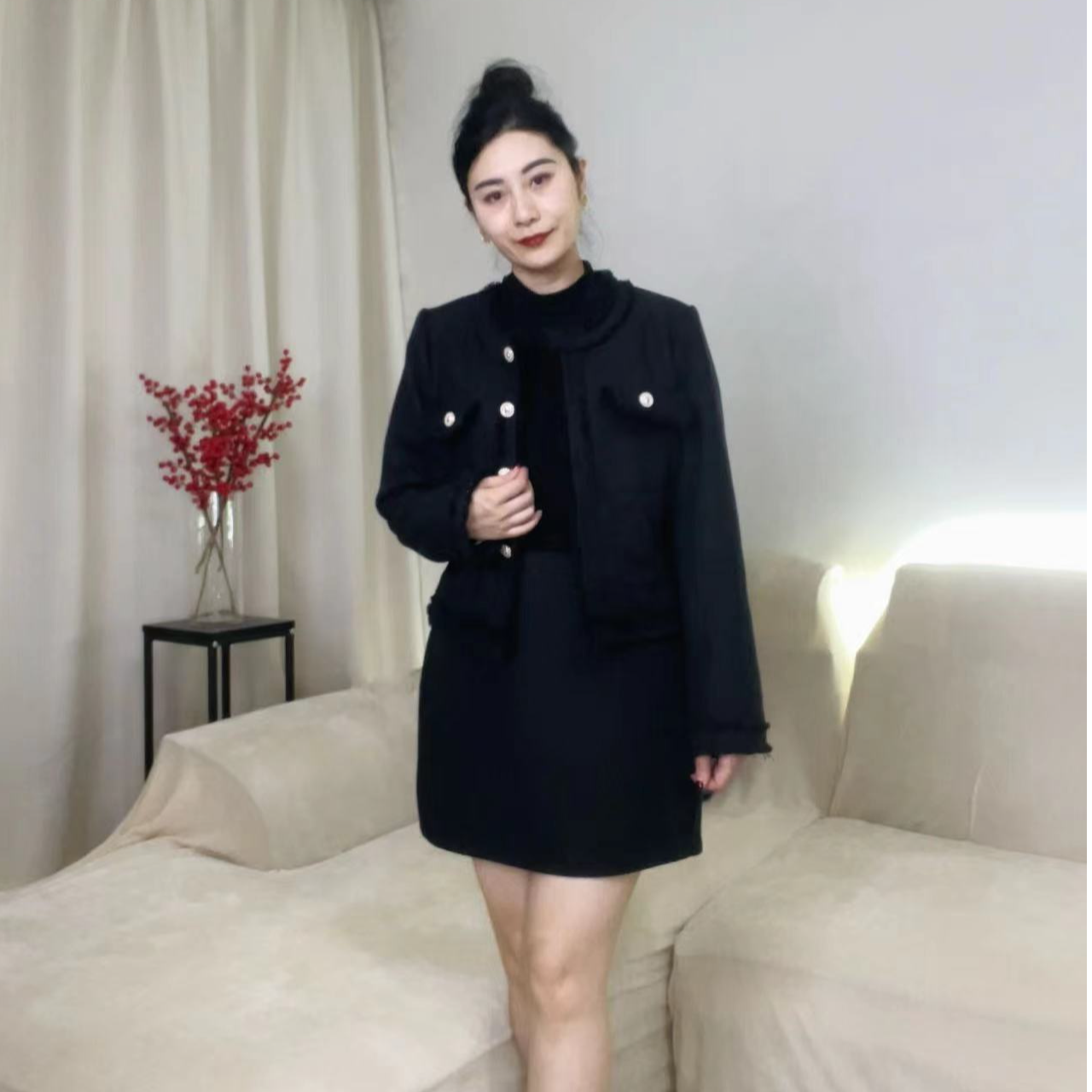 时尚套装气质毛呢设计师时尚秋冬黑色短款短外套网红女士