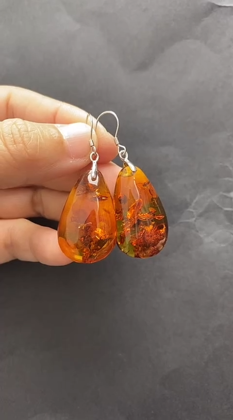 银S925镶嵌琥珀裸石花珀耳坠