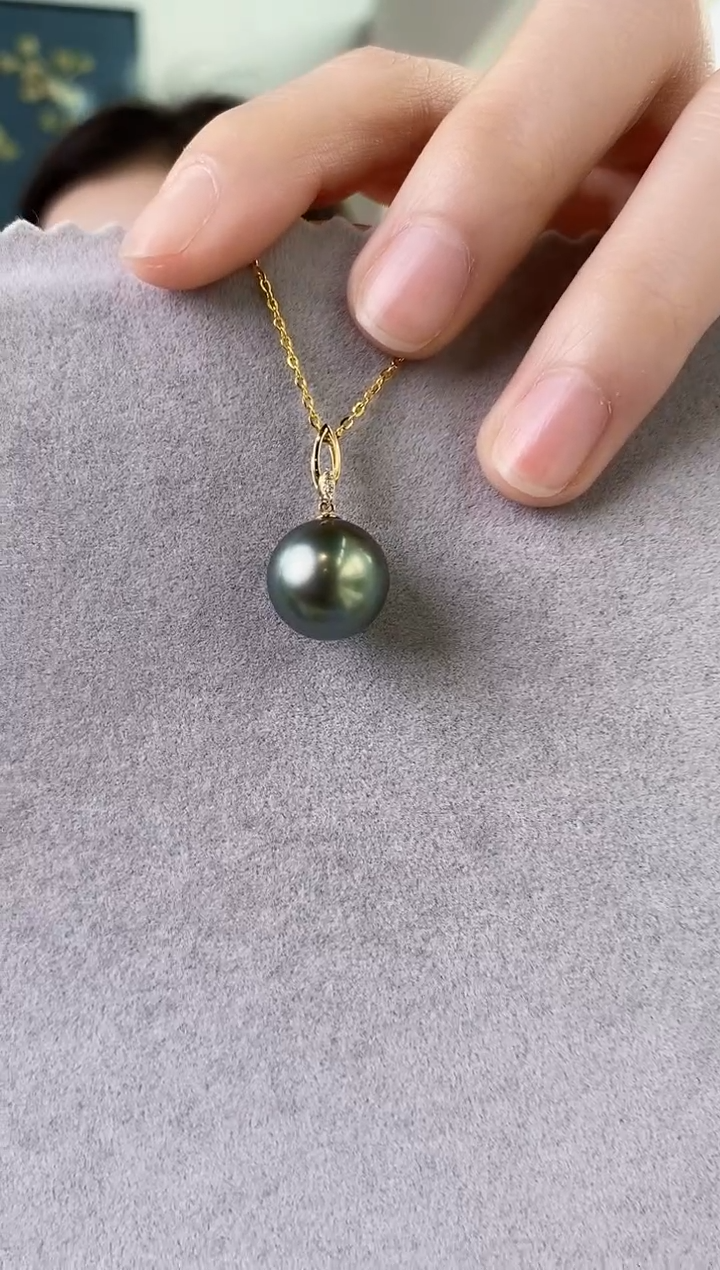 【闪购商品】海水珍珠吊坠(赠链)18K金镶嵌12-13大溪地黑珍珠吊坠