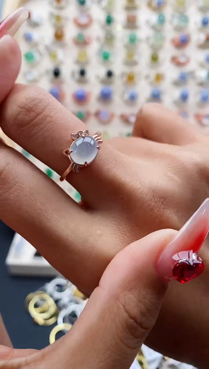 【闪购商品】翡翠戒指银S925镶嵌缅甸天然A货翡翠111 4+1