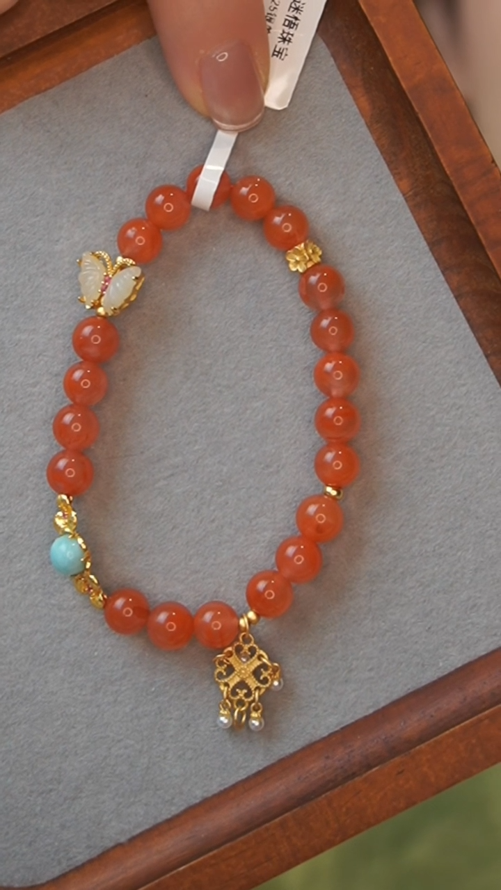 【闪购商品】南红玛瑙手链银S925镀金镶嵌南红蝴蝶手串