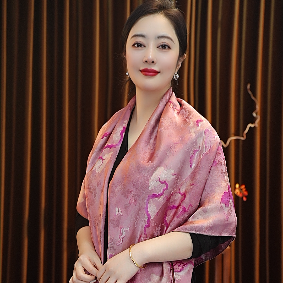 【粉岫】135*135湖丝老料大方巾围巾女士丝巾双面戴四季款国风