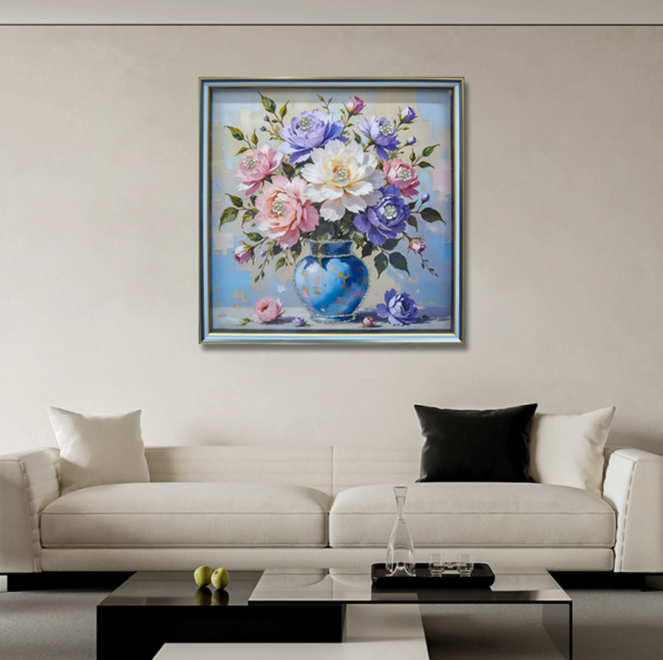 钢化玻璃【花开富贵】花瓶餐厅装饰画饭厅卧室挂画简约牡丹花80-80