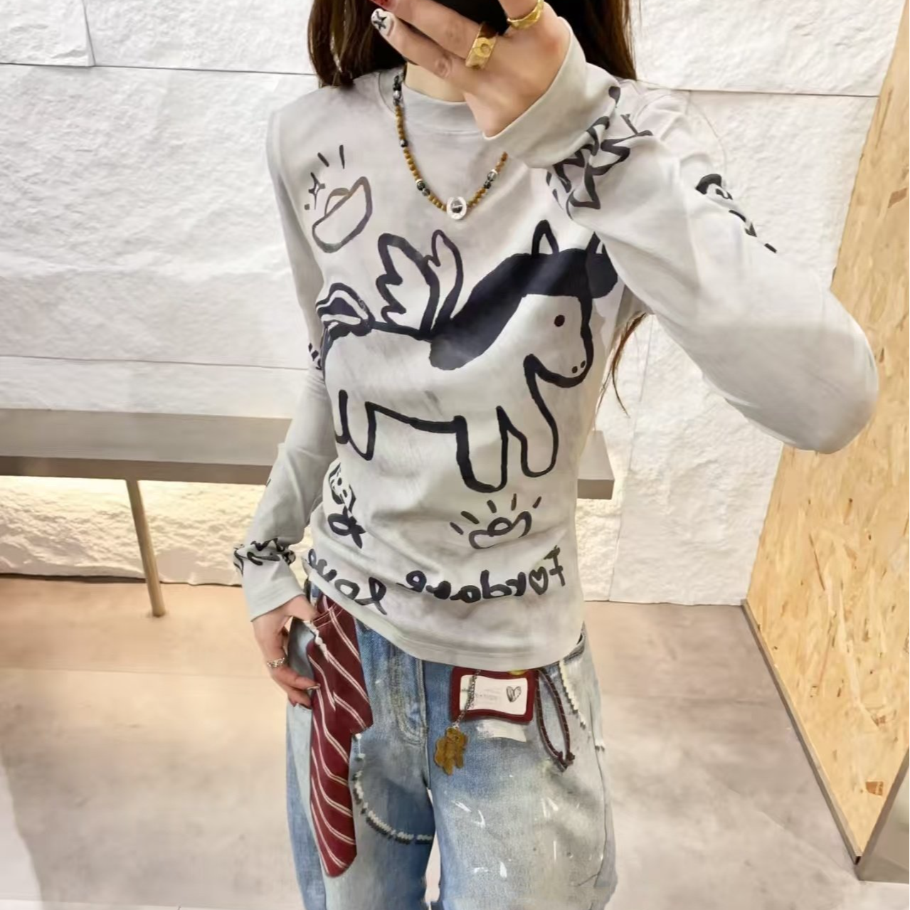 原厂现货设计师买手店福蝶26春~马上有钱~趣味涂鸦印花打底t恤