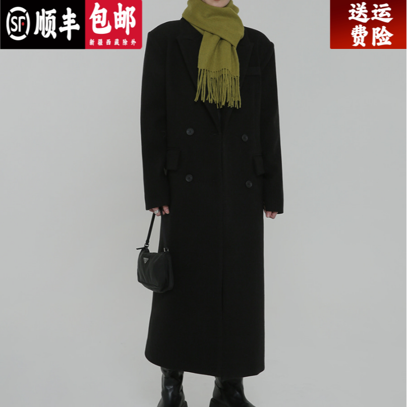 黑色毛呢外套女秋冬韩版显瘦加厚气质过膝超长款宽松学生风呢大衣