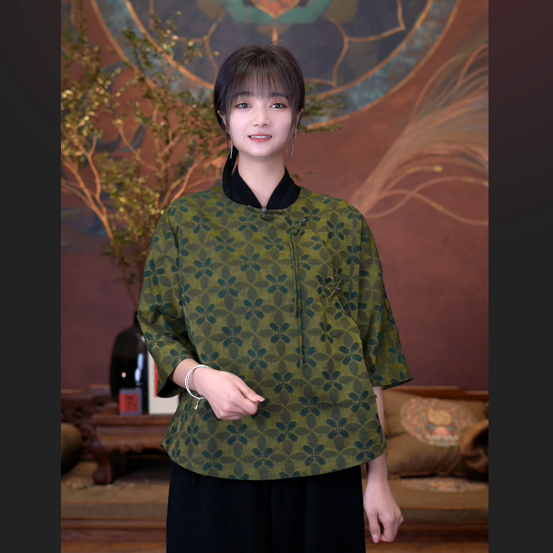 爱上莲心香云纱【幸运四叶草】绿色油丝提花斜襟盘扣上衣 老钱风
