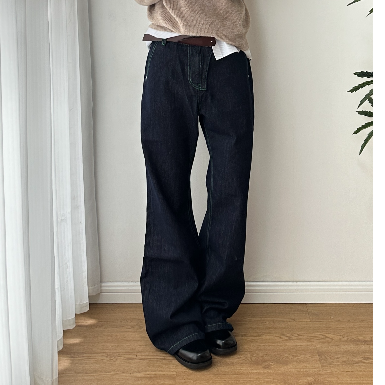 KREATE「赤蝰」14.8oz花卉原牛休闲微喇撞色线解构通勤牛仔裤男秋