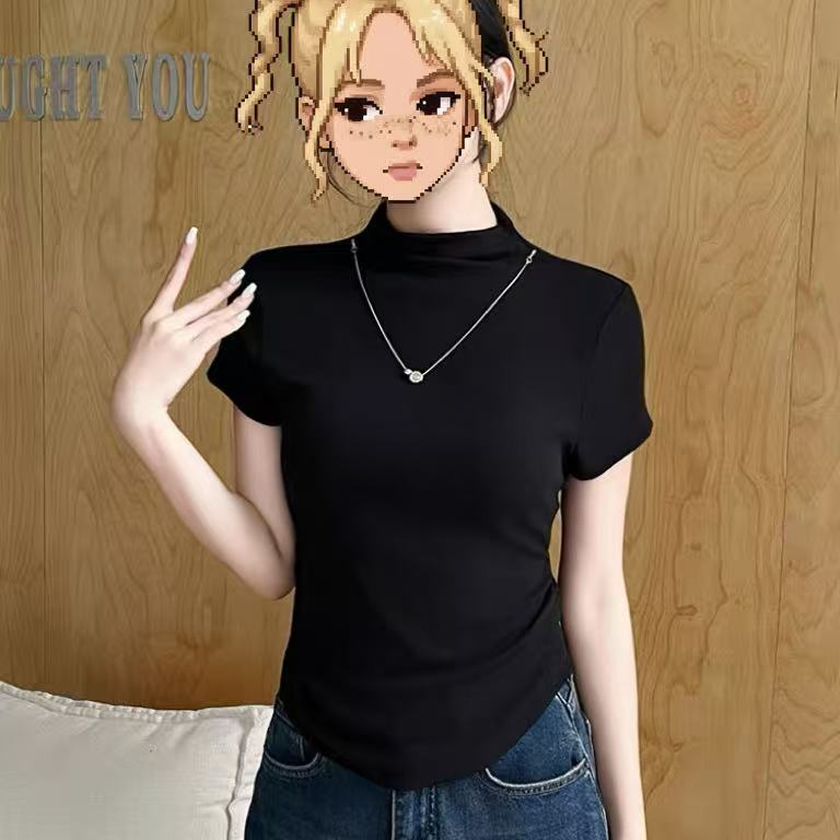 70607秋季新款韩系设计感半高领短袖T恤女修身显瘦百搭打底衫NJ