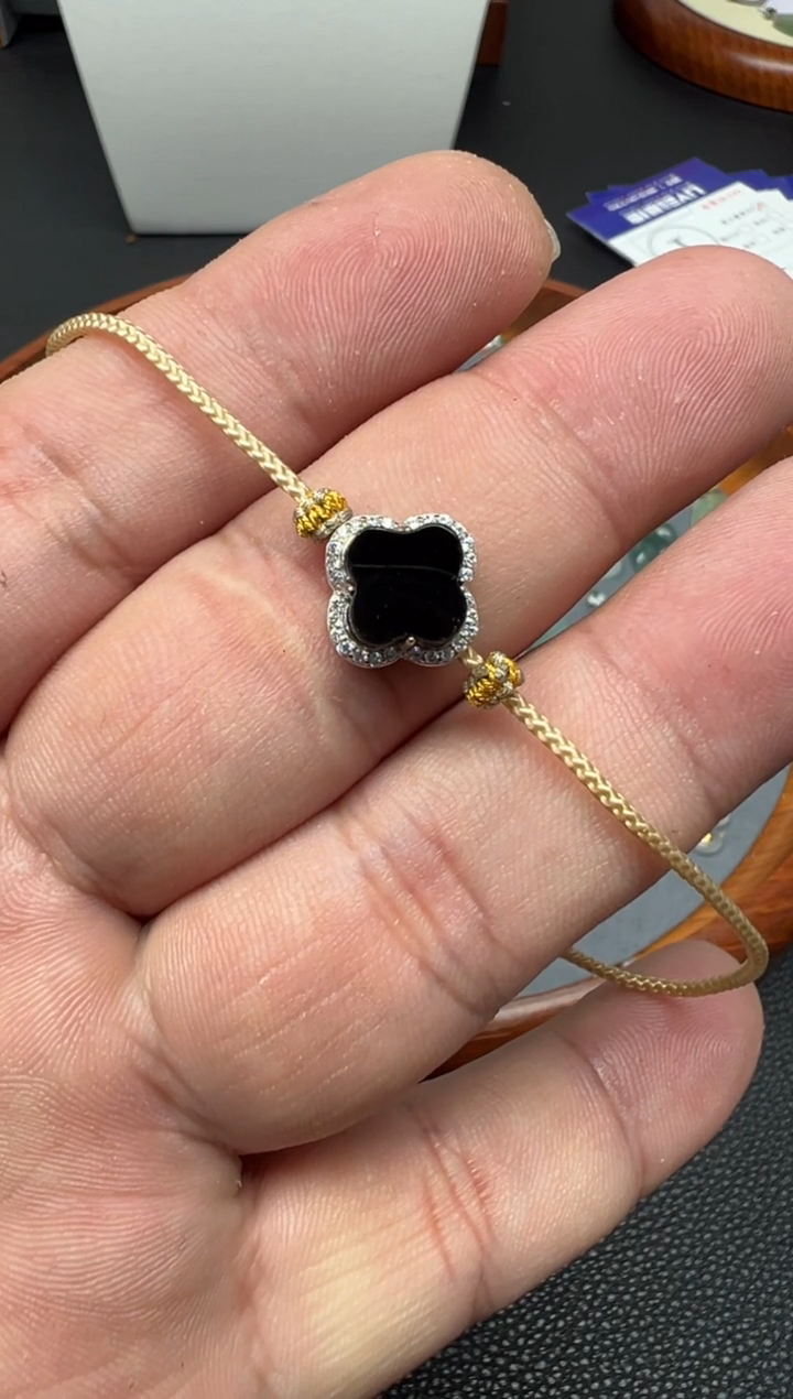 银S925镶嵌手链翡翠（43号）纯天然A货缅甸翡翠 四叶草手绳