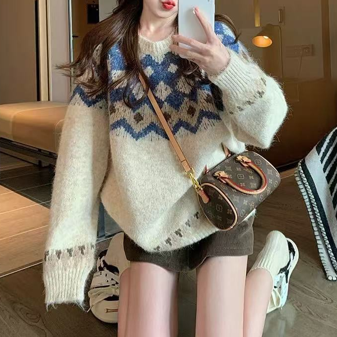 费尔岛套头毛衣女冬季加厚港味复古奶fu慵懒风小个子内搭针织衫1