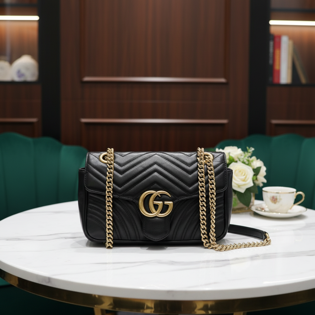 95新 GUCCI/古驰 黑金马蒙链条包 1758 8981