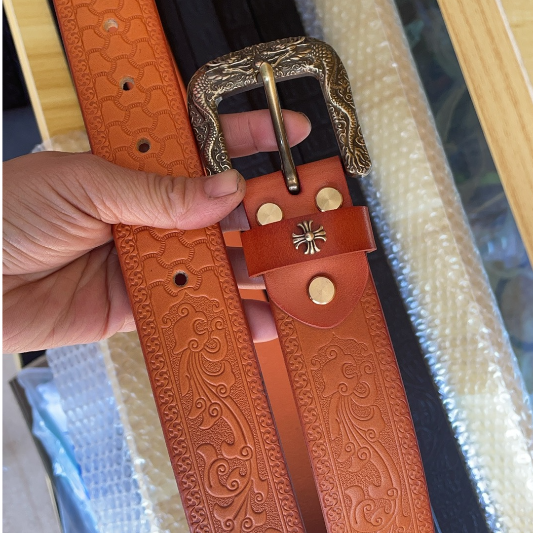 龙纹雕花纯铜扣男士真皮皮带牛子裤腰带头层牛皮实心单层手工腰带