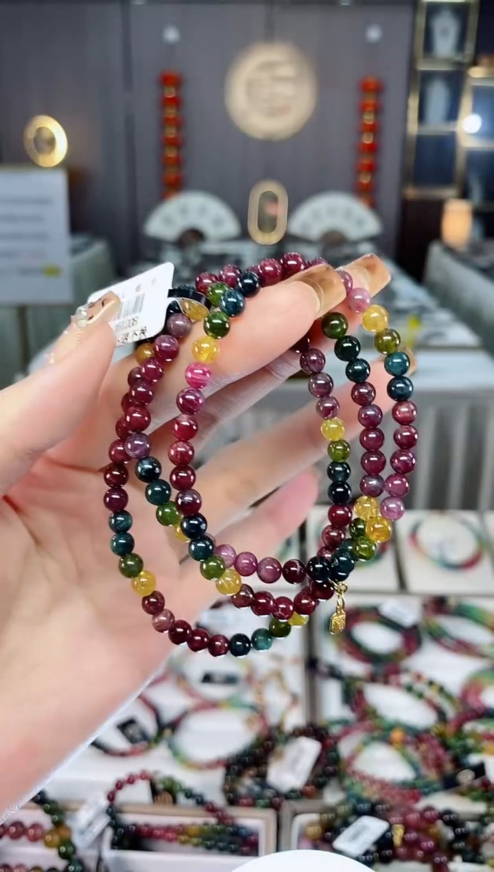 老矿碧玺色标彩虹油料三圈手串5mm+未镶嵌碧玺dan多样性发货一条
